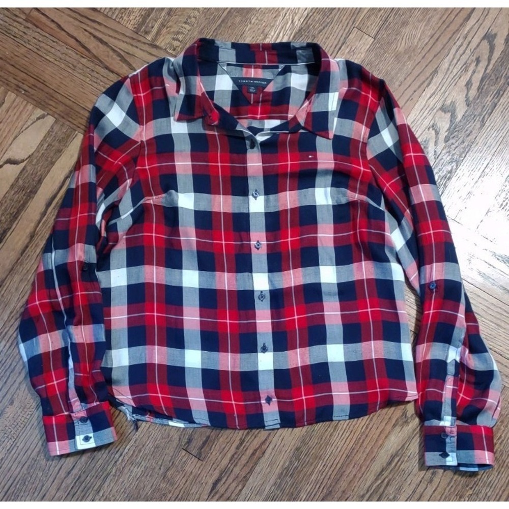 Tommy Hilfiger‎ Womens Red Navy Blue Plaid Roll Tab Sleeve Button Down Shirt L